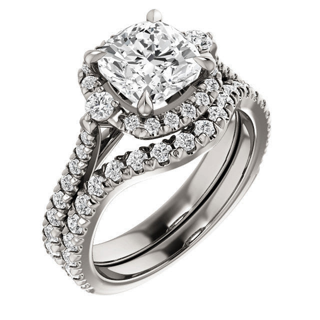 Cushion Moissanite Cathedral Halo Engagement Ring with Claw Prongs