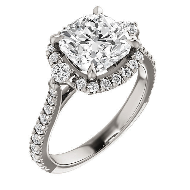 Cushion Moissanite Cathedral Halo Engagement Ring with Claw Prongs