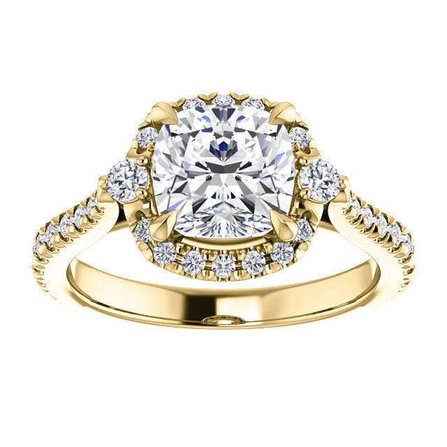 Cushion Moissanite Cathedral Halo Engagement Ring with Claw Prongs