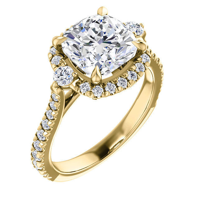 Cushion Moissanite Cathedral Halo Engagement Ring with Claw Prongs