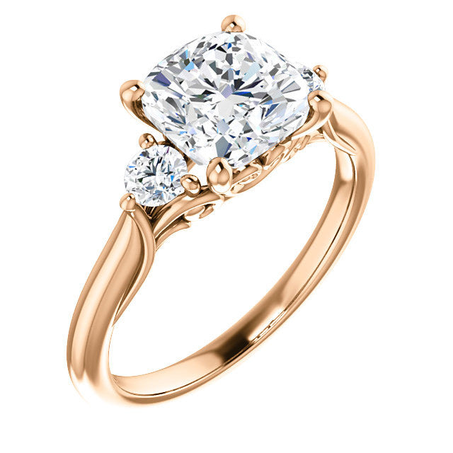 Cushion and Round Moissanite 3-Stone Ring with Scrolls