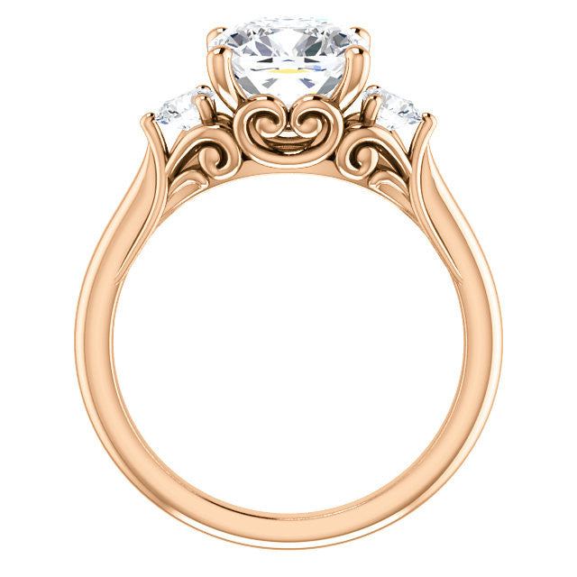 Cushion and Round Moissanite 3-Stone Ring with Scrolls