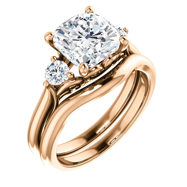 Cushion and Round Moissanite 3-Stone Ring with Scrolls