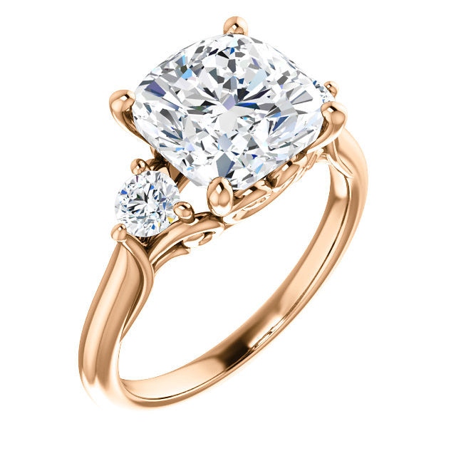 Cushion and Round Moissanite 3-Stone Ring with Scrolls