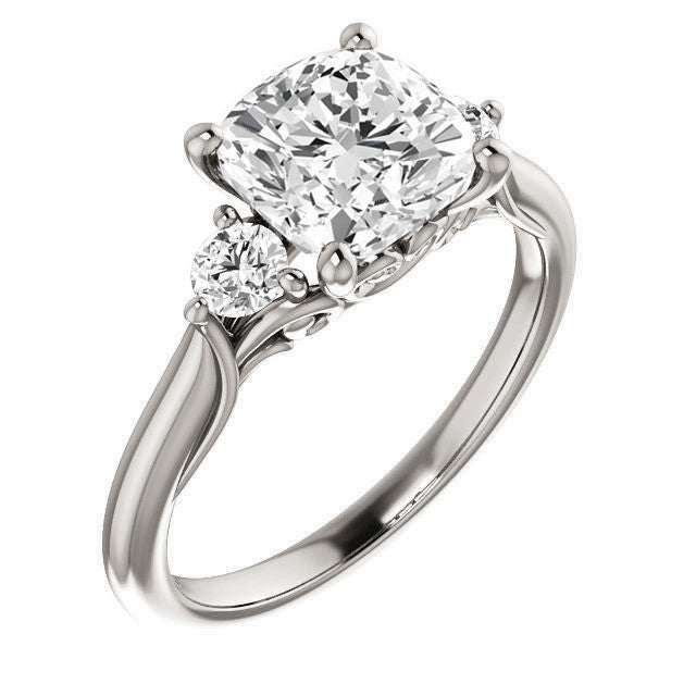 Cushion and Round Moissanite 3-Stone Ring with Scrolls