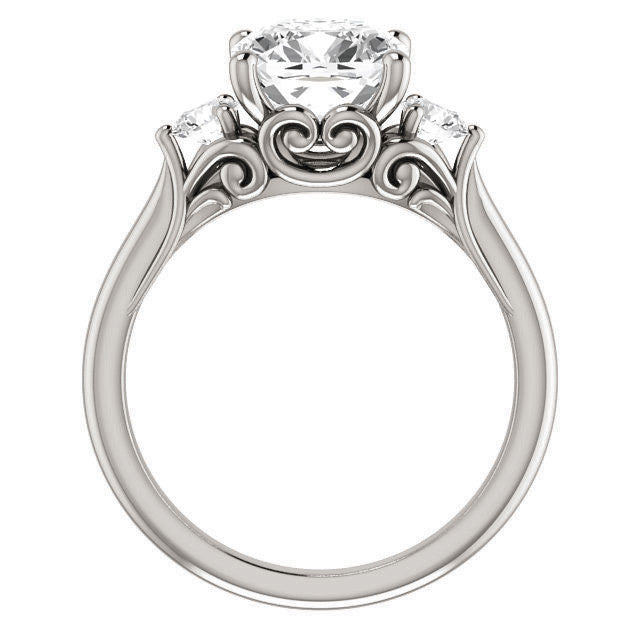 Cushion and Round Moissanite 3-Stone Ring with Scrolls