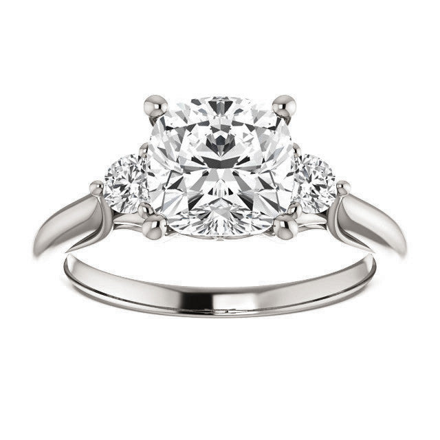 Cushion and Round Moissanite 3-Stone Ring with Scrolls