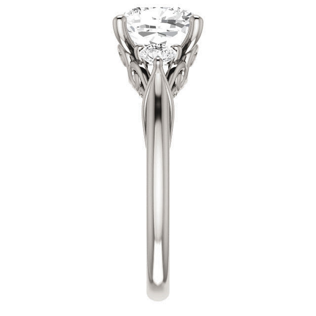 Cushion and Round Moissanite 3-Stone Ring with Scrolls