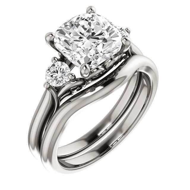 Cushion and Round Moissanite 3-Stone Ring with Scrolls
