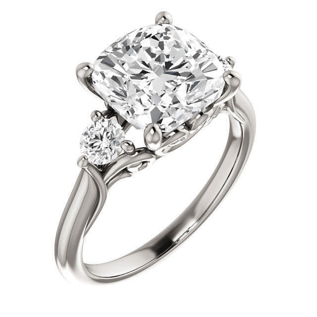 Cushion and Round Moissanite 3-Stone Ring with Scrolls