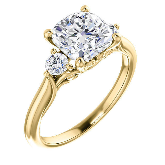 Cushion and Round Moissanite 3-Stone Ring with Scrolls