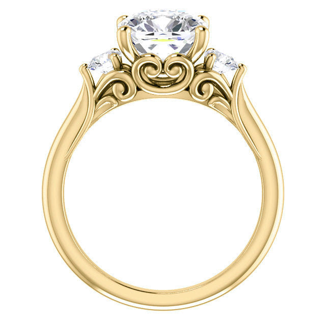 Cushion and Round Moissanite 3-Stone Ring with Scrolls