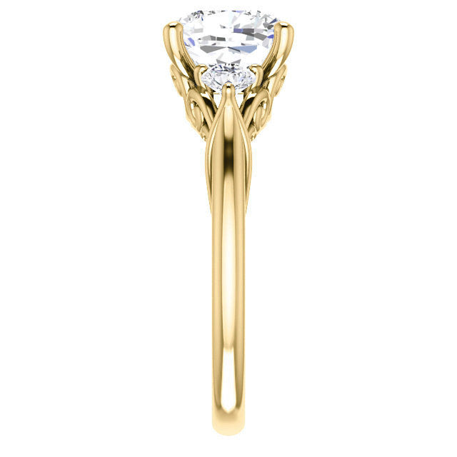 Cushion and Round Moissanite 3-Stone Ring with Scrolls
