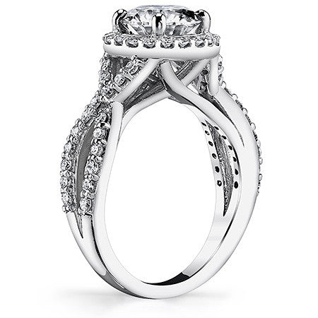 Split Shank Halo Cathedral Round Brilliant Moissanite Engagement Ring