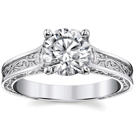 Trellis Round Moissanite Solitaire Ring with Rose Vine Design