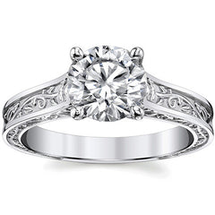 Trellis Round Moissanite Solitaire Ring with Rose Vine Design