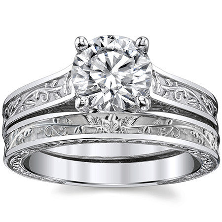 Trellis Round Moissanite Solitaire Ring with Rose Vine Design
