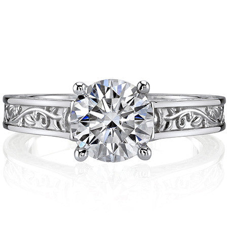 Trellis Round Moissanite Solitaire Ring with Rose Vine Design