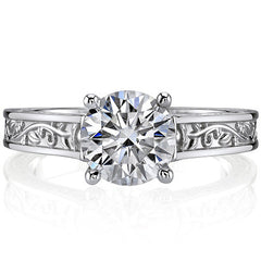 Trellis Round Moissanite Solitaire Ring with Rose Vine Design
