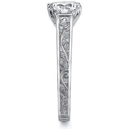 Trellis Round Moissanite Solitaire Ring with Rose Vine Design