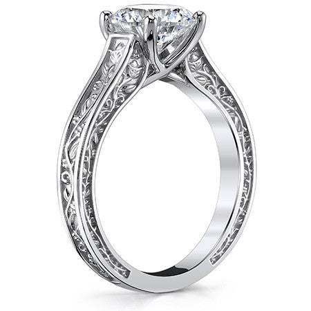 Trellis Round Moissanite Solitaire Ring with Rose Vine Design