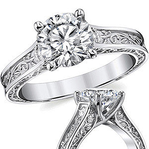 Trellis Round Moissanite Solitaire Ring with Rose Vine Design