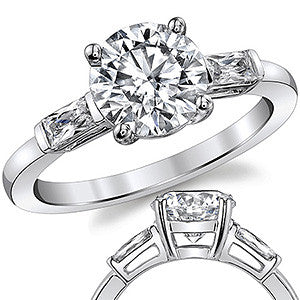 Round Brilliant Moissanite Engagement Ring with Baguette Side Stones