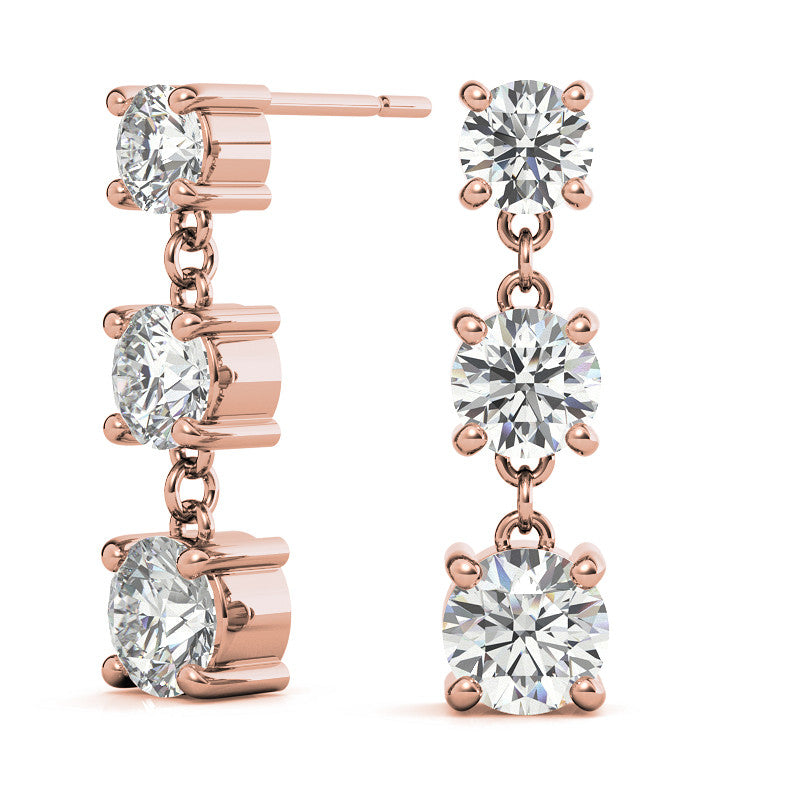Round Moissanite Three Stone Earrings (5, 4.5, 4mm) 14k