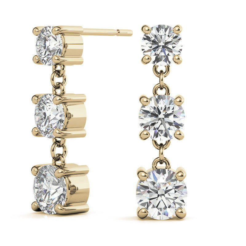 Round Moissanite Three Stone Earrings (5, 4.5, 4mm) 14k