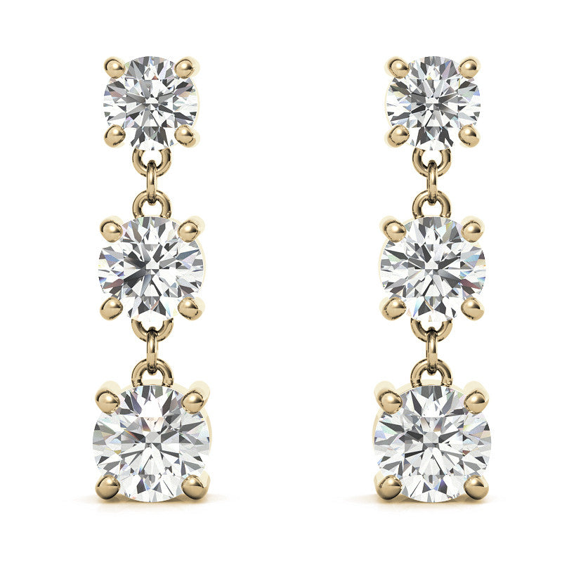 Round Moissanite Three Stone Earrings (5, 4.5, 4mm) 14k