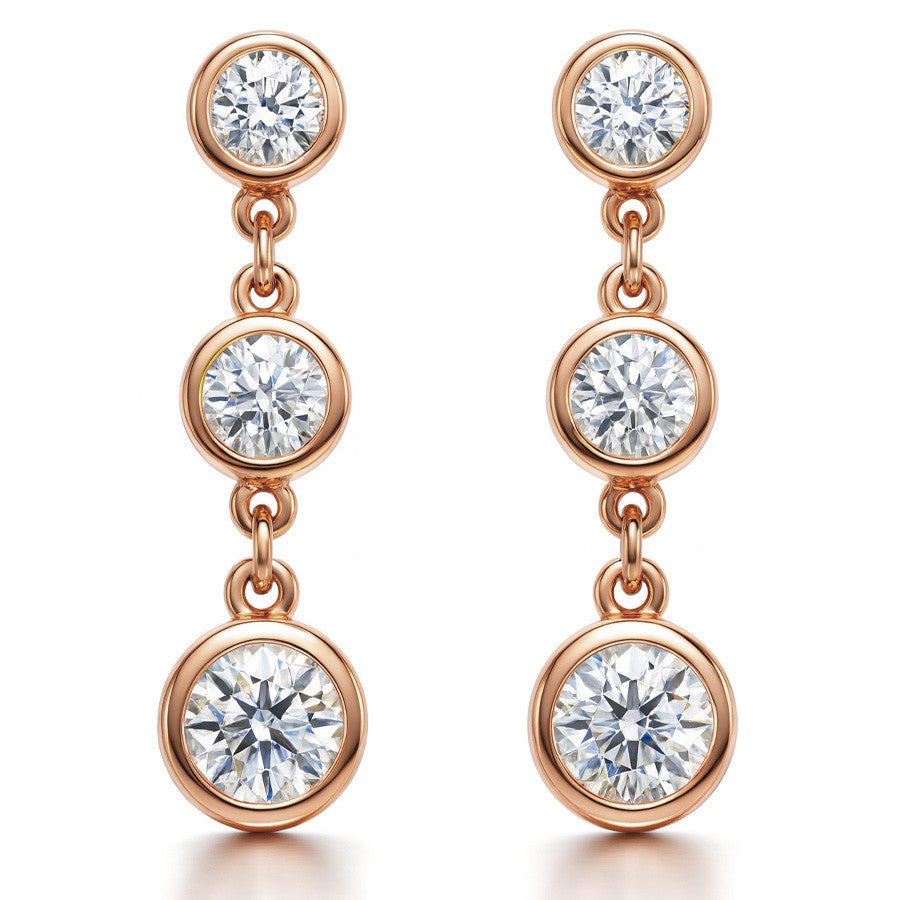 Round Moissanite Bezel Three Stone Earrings (4, 3.5, 3mm) 14k