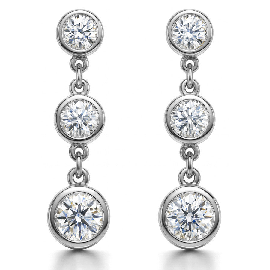 Round Moissanite Bezel Three Stone Earrings (4.5, 4, 3.5mm) 14k
