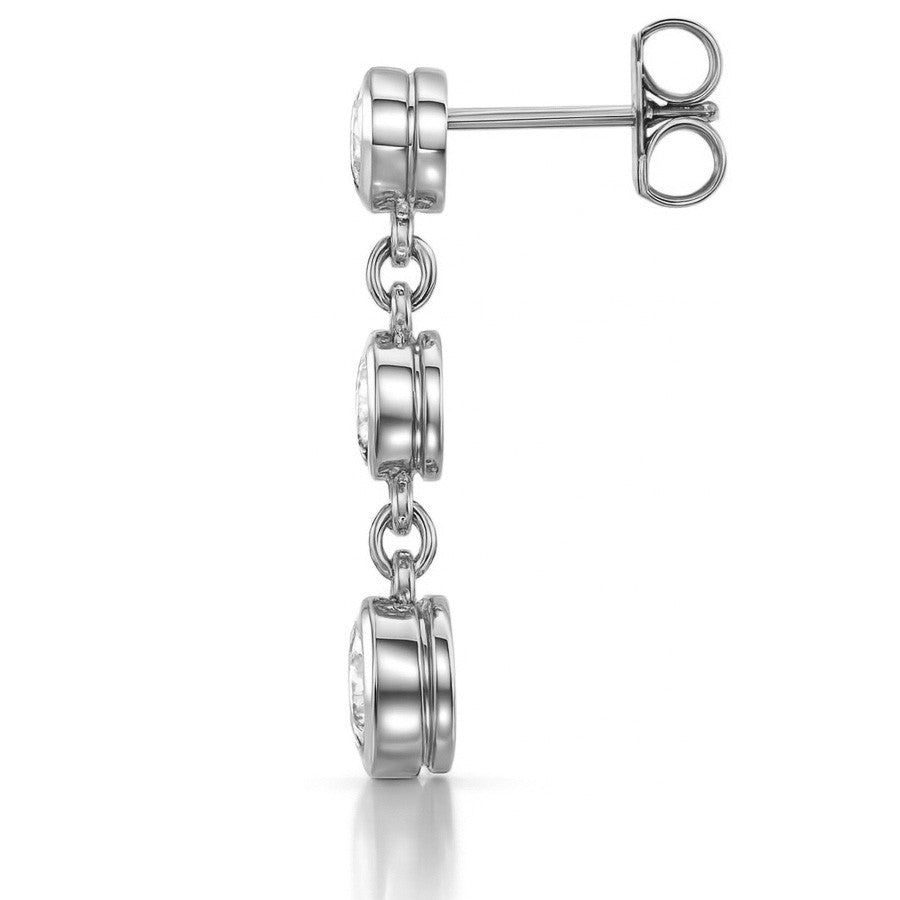 Round Moissanite Bezel Three Stone Earrings (4.5, 4, 3.5mm) 14k