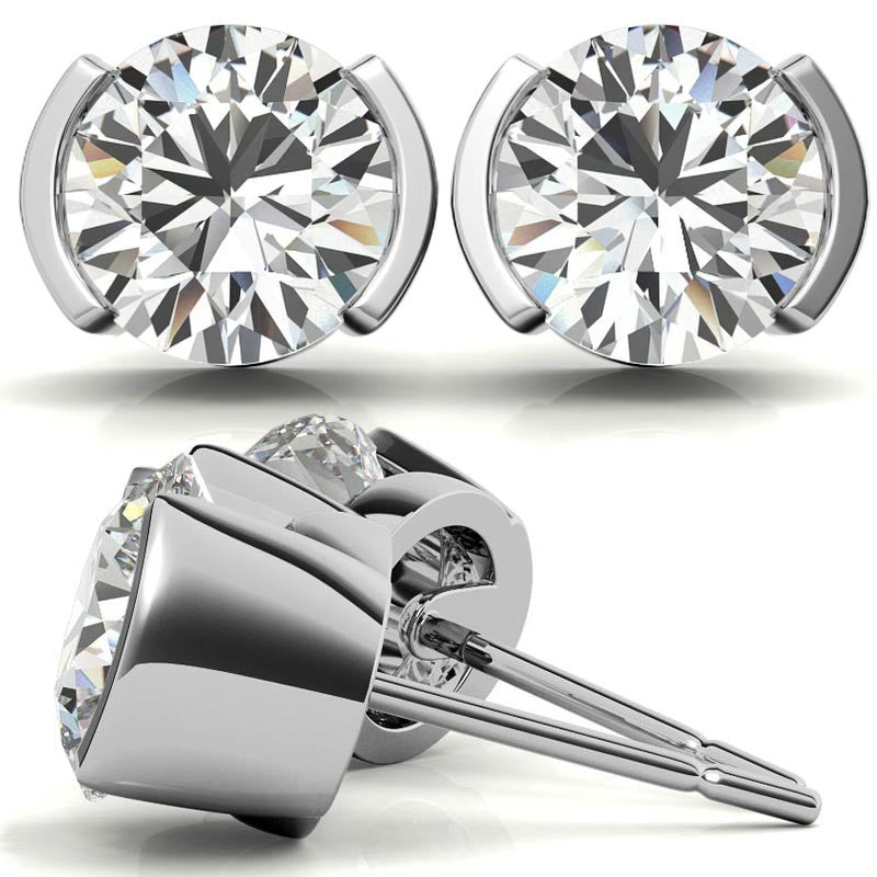 Half Bezel Design Round Moissanite Stud Earrings