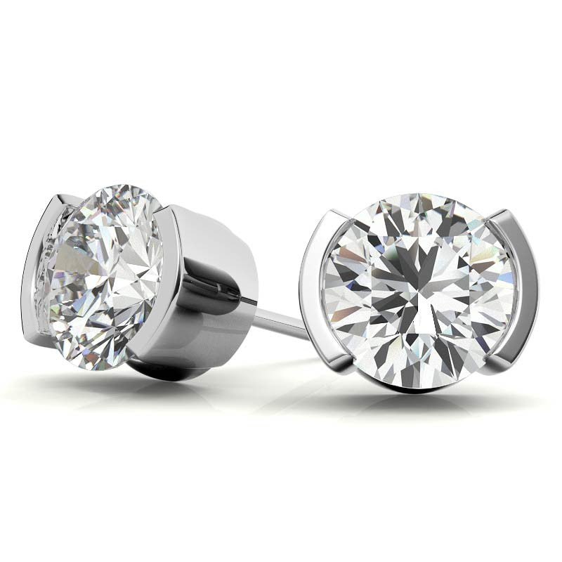 Half Bezel Design Round Moissanite Stud Earrings