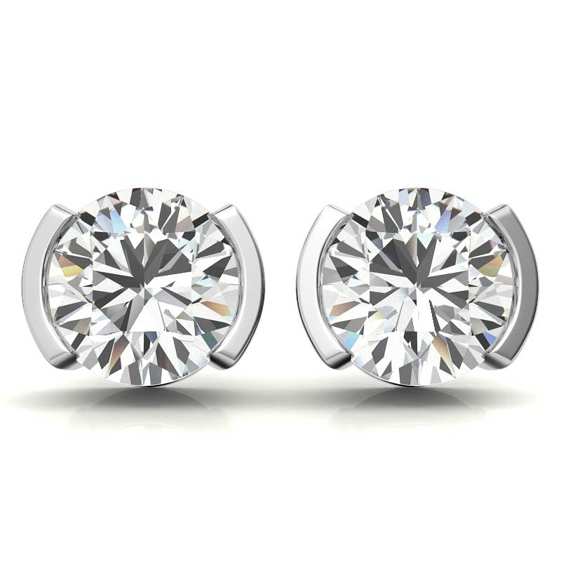 Half Bezel Design Round Moissanite Stud Earrings