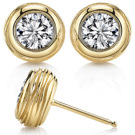 Round Bezel Bark Moissanite Stud Earrings
