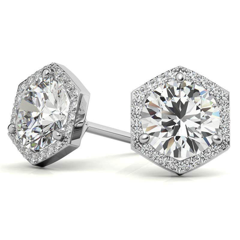 Hexagon Halo Round Moissanite Stud Earrings