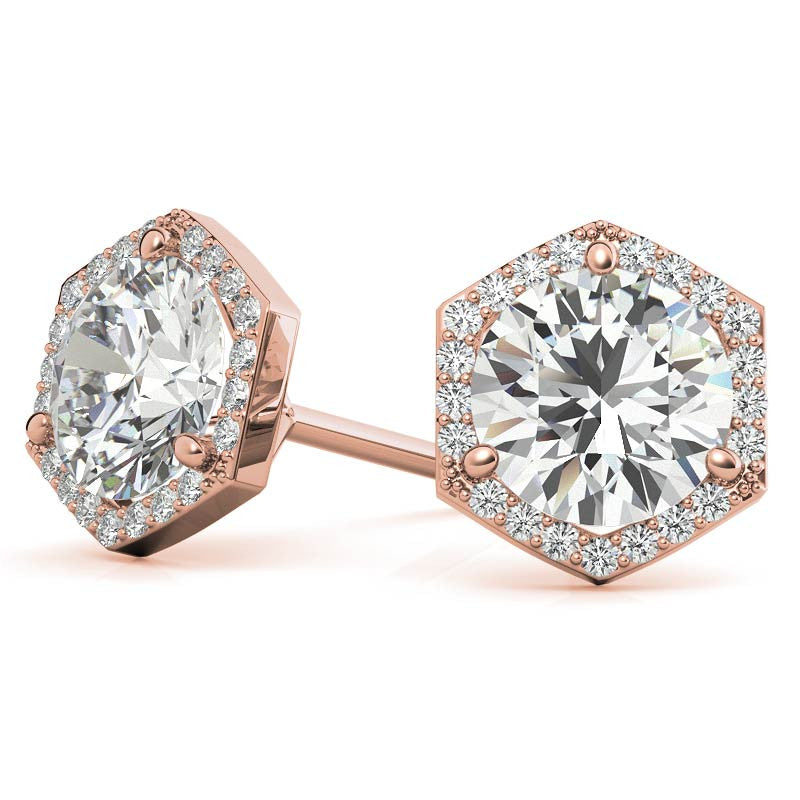 Hexagon Halo Round Moissanite Stud Earrings