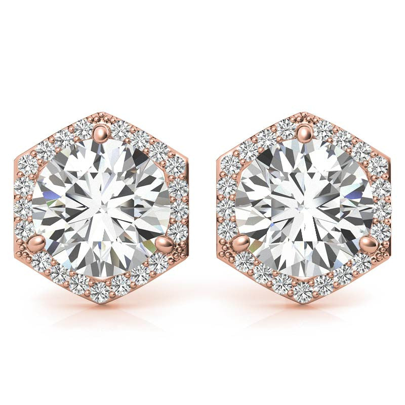Hexagon Halo Round Moissanite Stud Earrings