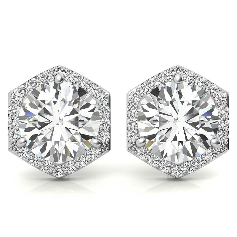 Hexagon Halo Round Moissanite Stud Earrings
