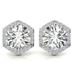 Hexagon Halo Round Moissanite Stud Earrings