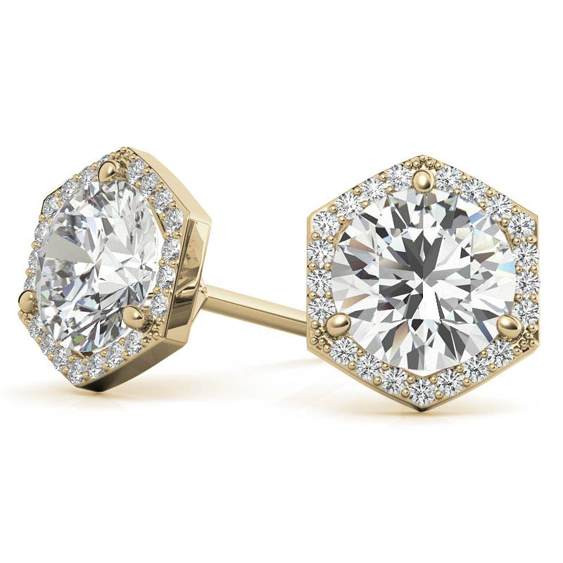 Hexagon Halo Round Moissanite Stud Earrings