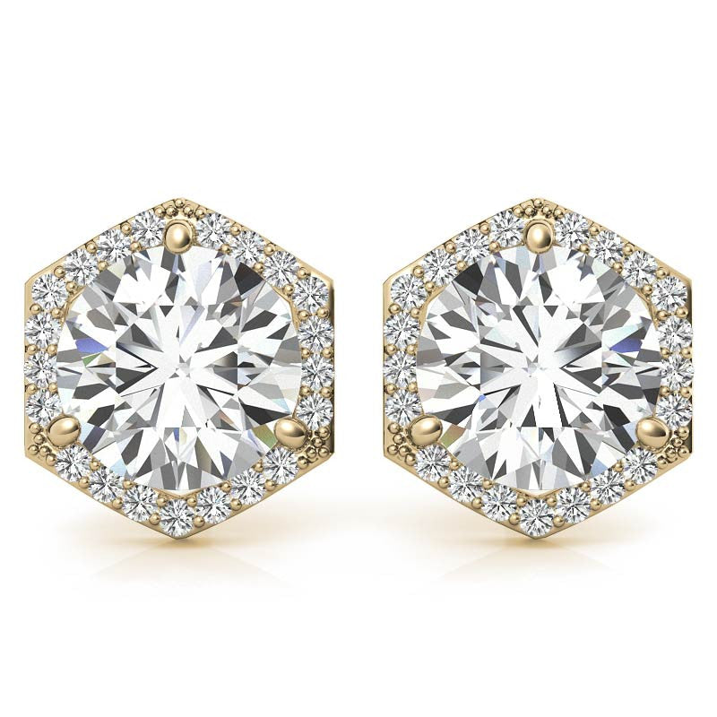 Hexagon Halo Round Moissanite Stud Earrings