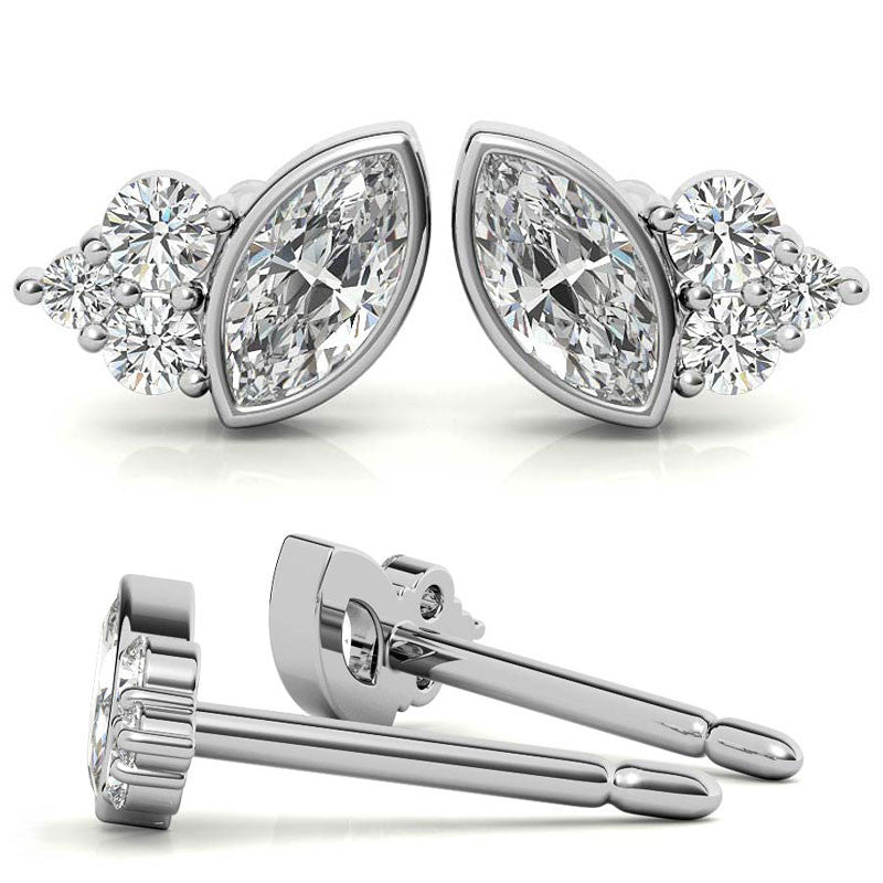 Marquise Bezel and Round Moissanite Stud Earrings