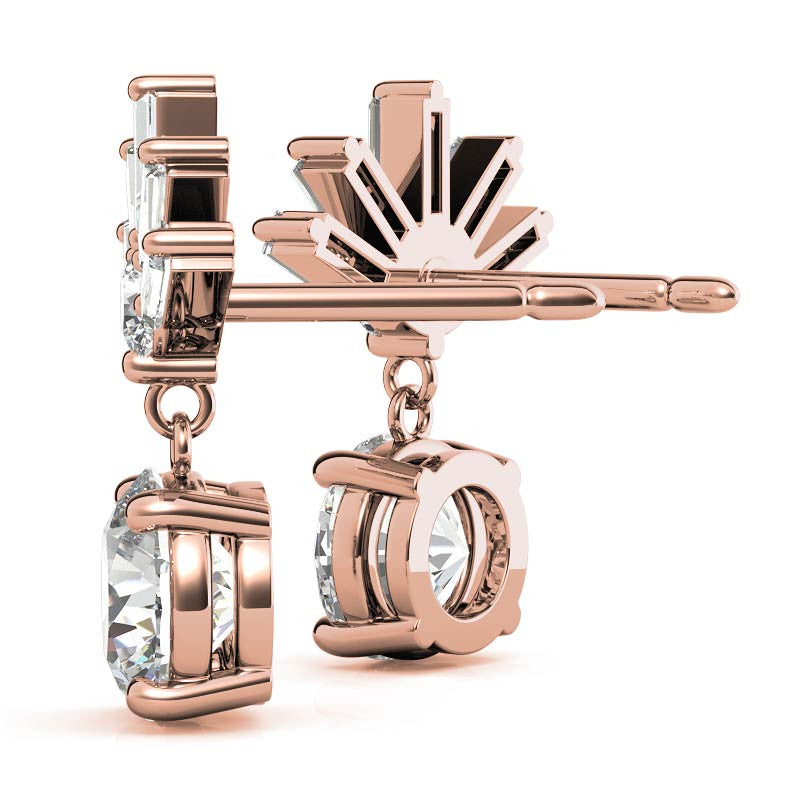 Baguette Accented Round Moissanite Drop Earrings