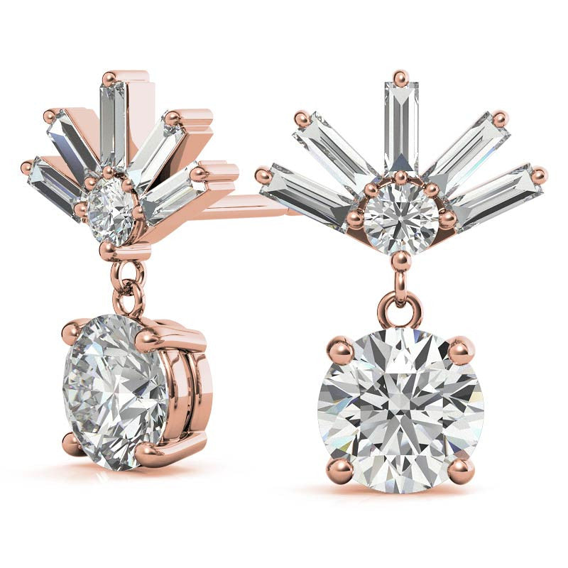 Baguette Accented Round Moissanite Drop Earrings