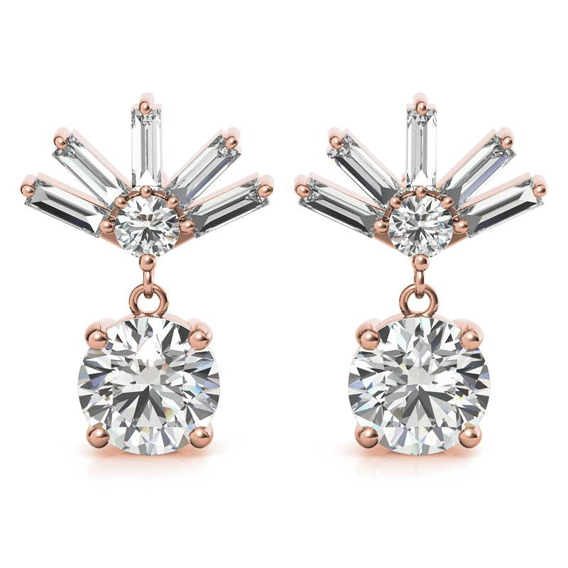 Baguette Accented Round Moissanite Drop Earrings