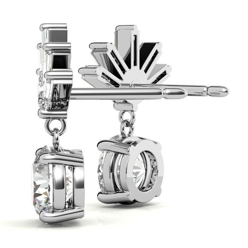 Baguette Accented Round Moissanite Drop Earrings