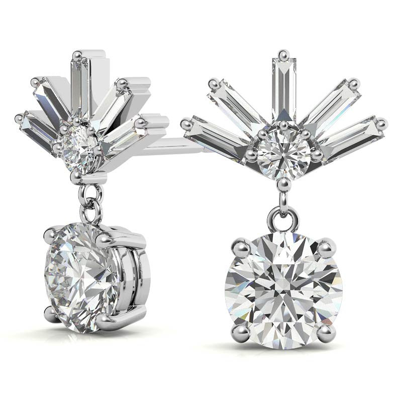 Baguette Accented Round Moissanite Drop Earrings